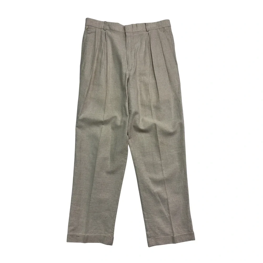 vtg 90s Dockers 32x29 Beige Linen Cotton Blend Pants Trousers Pleated Cuffed